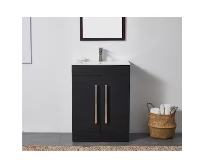 24 in. W x 16 in. D x32 in. H 2 Doors Bathroom Vanity in Black with White Cerami