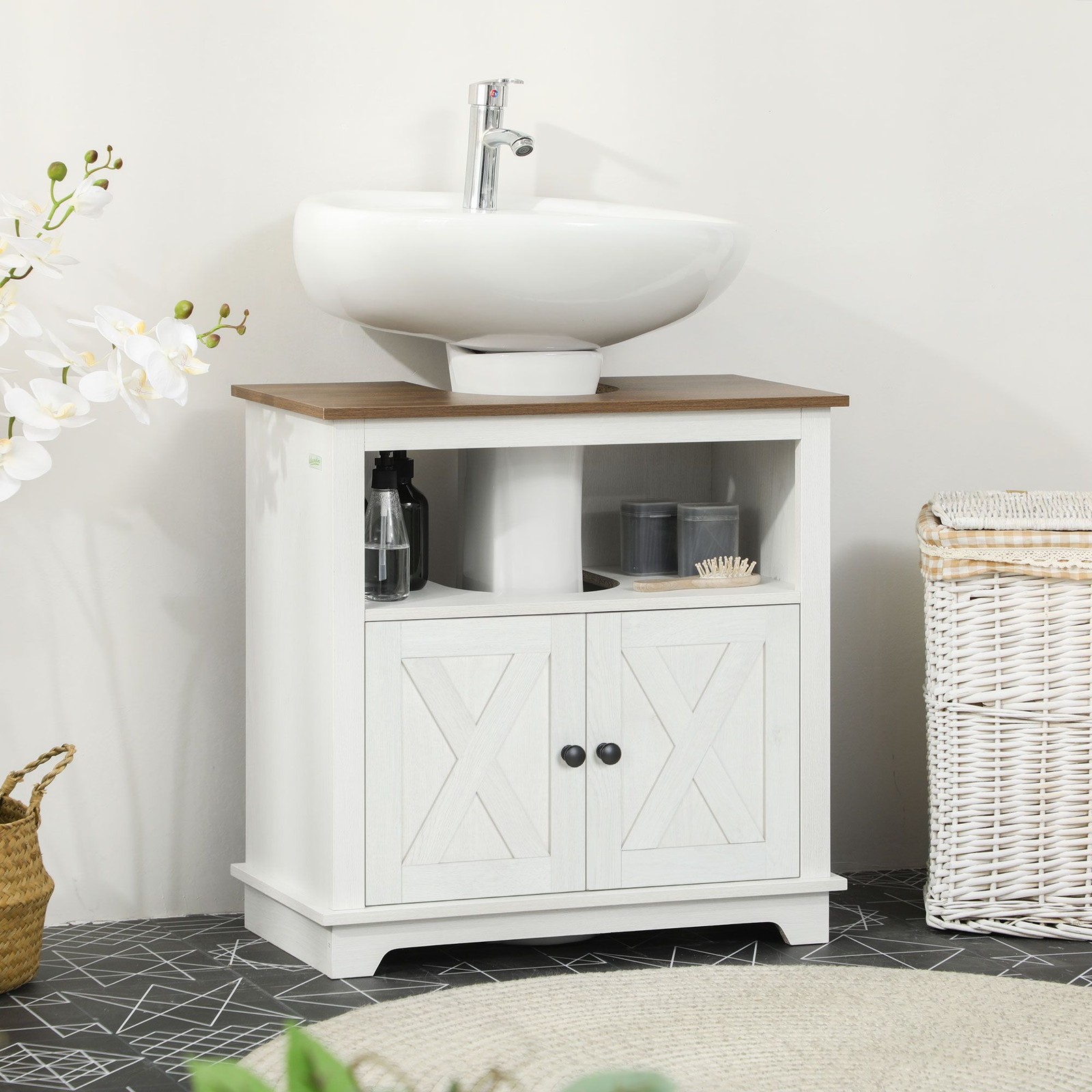 Smooth White Bathroom Cabinet 23.5×23.5in with Internal Shelf and 2 Doors