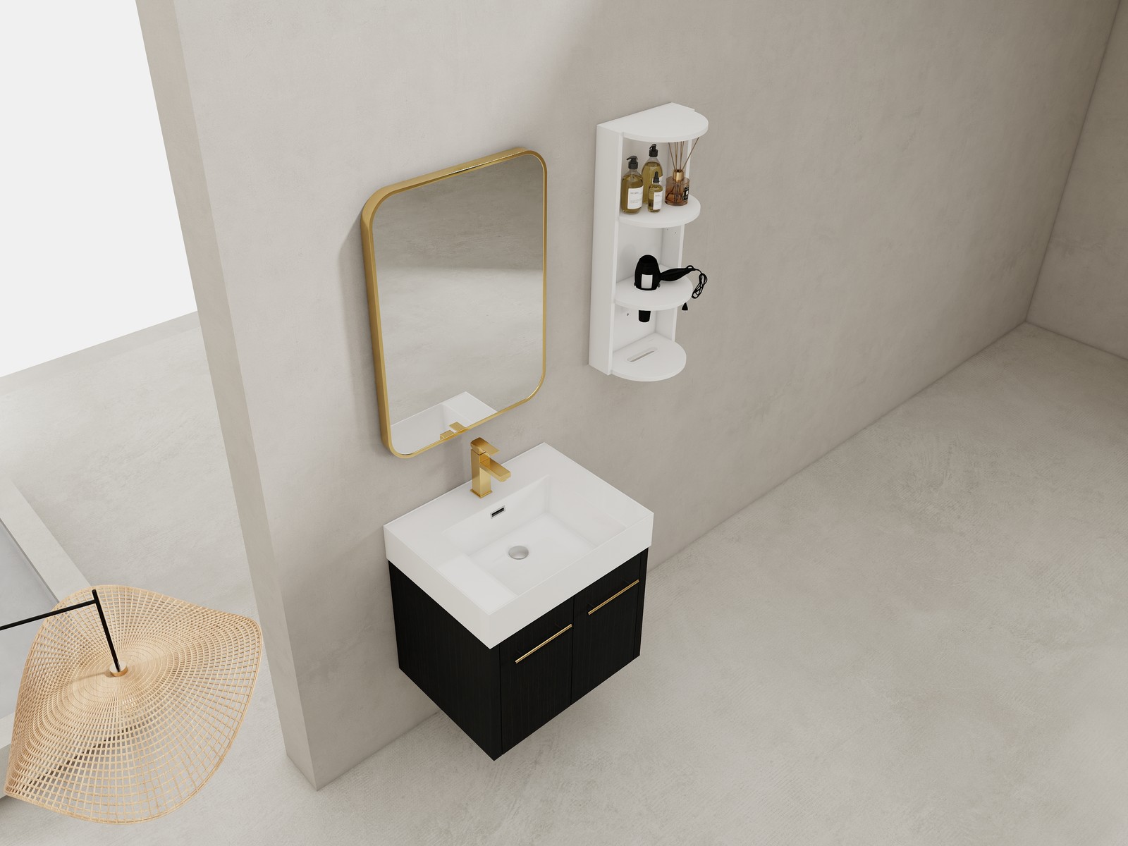 24In Plywood Wall-Mounted Bathroom Vanity W/Resin Sink Doors + Side Storage Rack