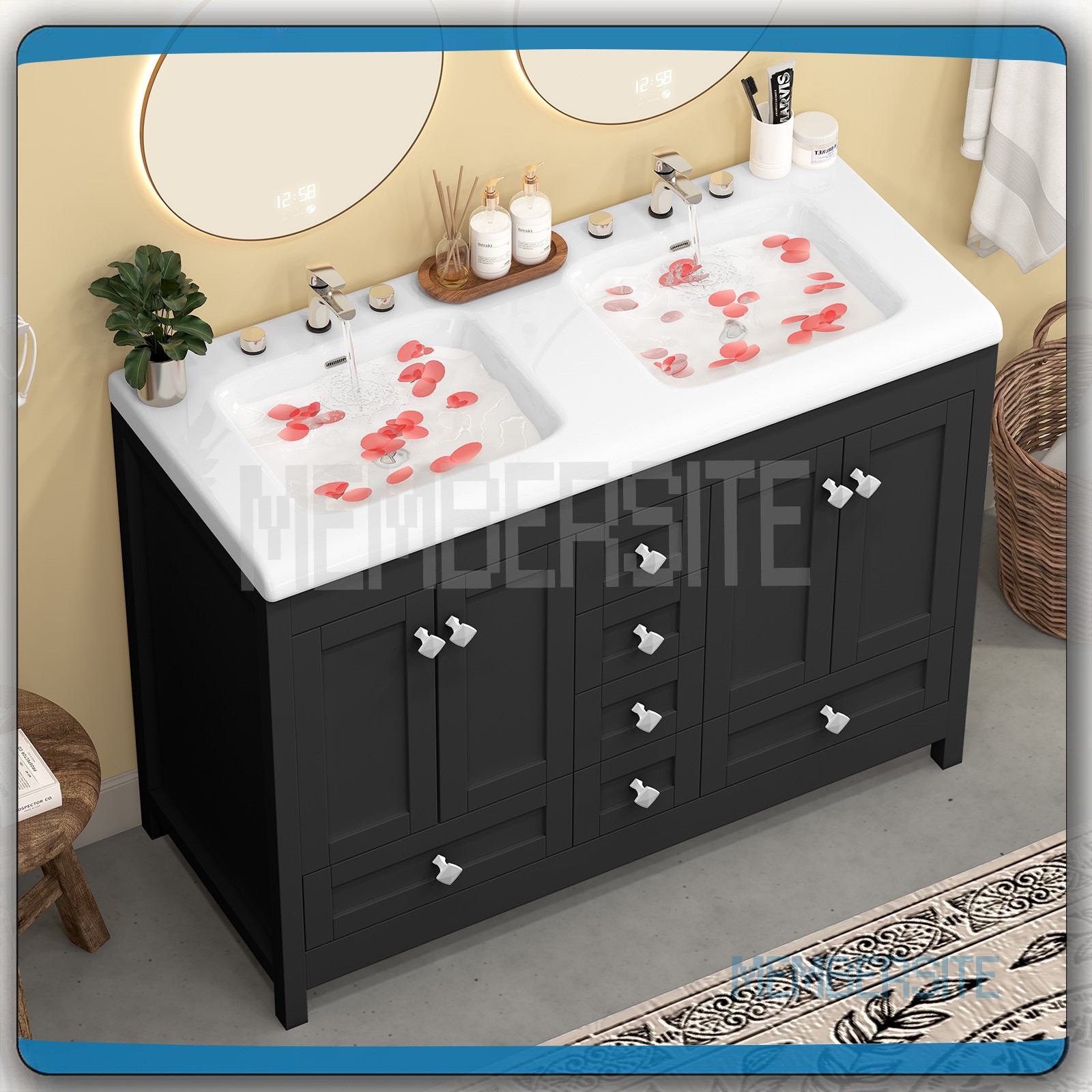 Black Bathroom Vanity Cabinet 47.3″ Double Ceramic Sinks , 2 Doors & 6 Drawers