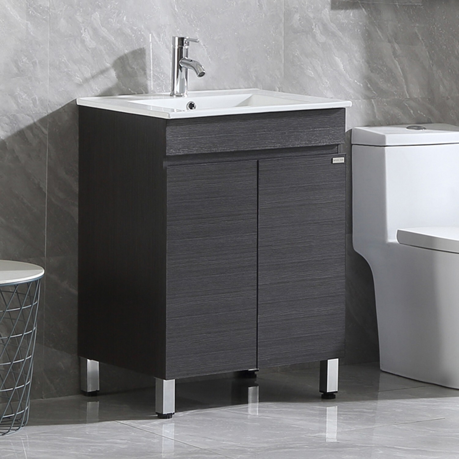 24 inch Single Bathroom Vanity Wood Grain Cabinet Ceramic Sink Faucet Combo Set