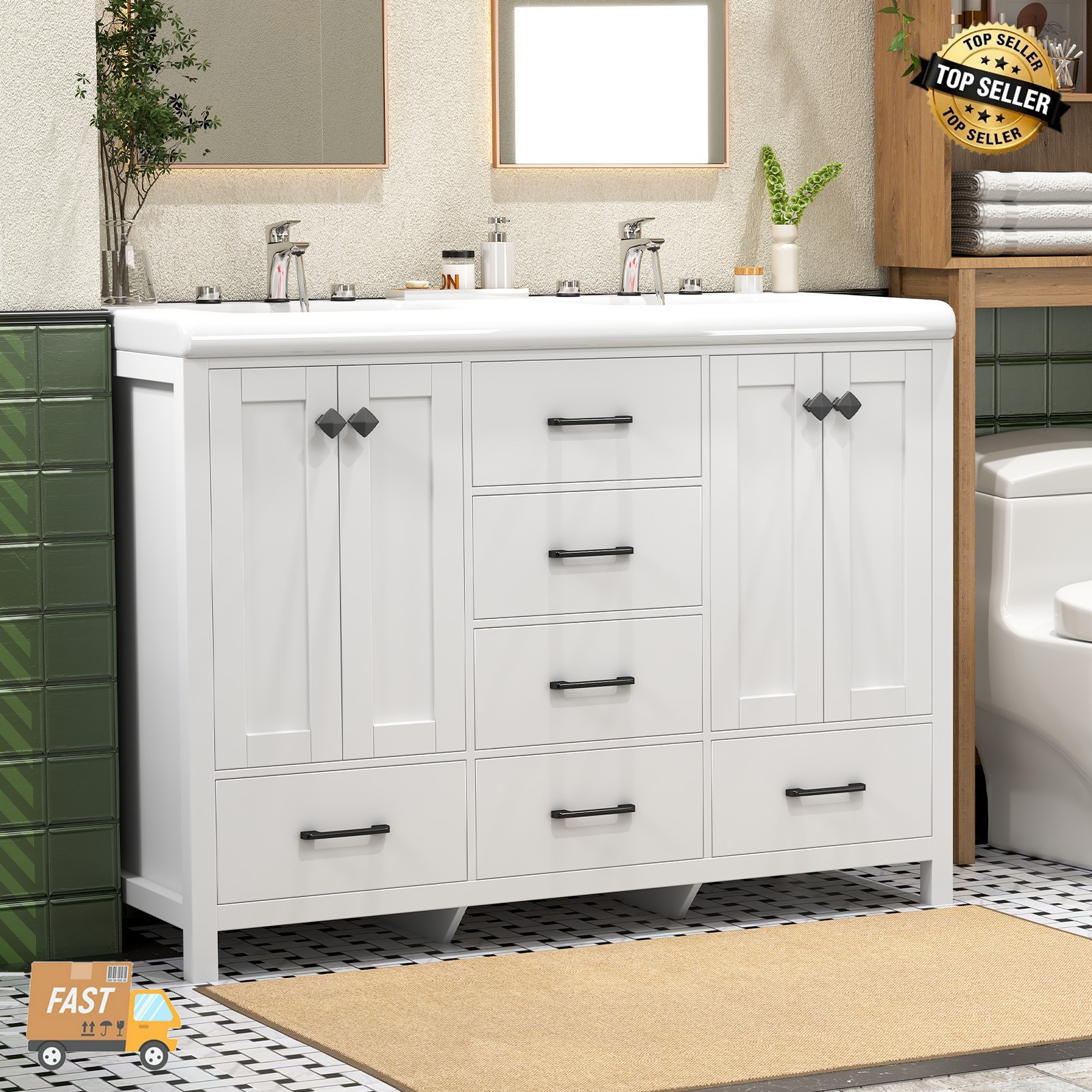 47.3″ Bathroom Vanity Double Sink Ceramic Freestanding Storage Cabinet Drawers.