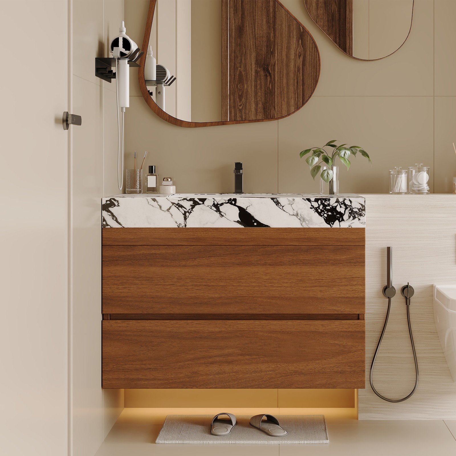 29.9in Plywood Floating Bathroom Vanity Faux Marble Top Ceramic Undermount Sink