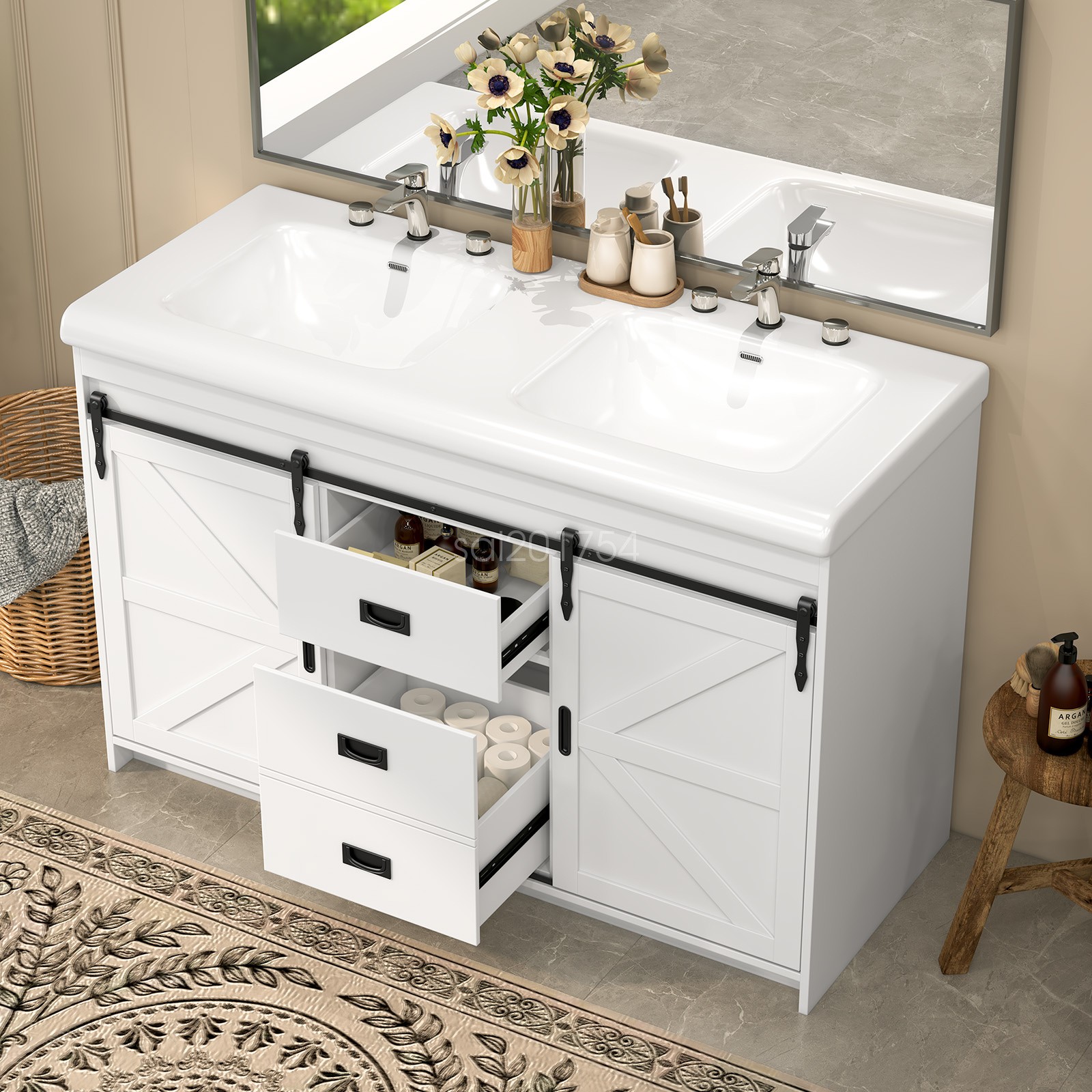 47.3″ Bathroom Vanity Freestanding Ceramic Sink Cabinet With Drawers and Doors