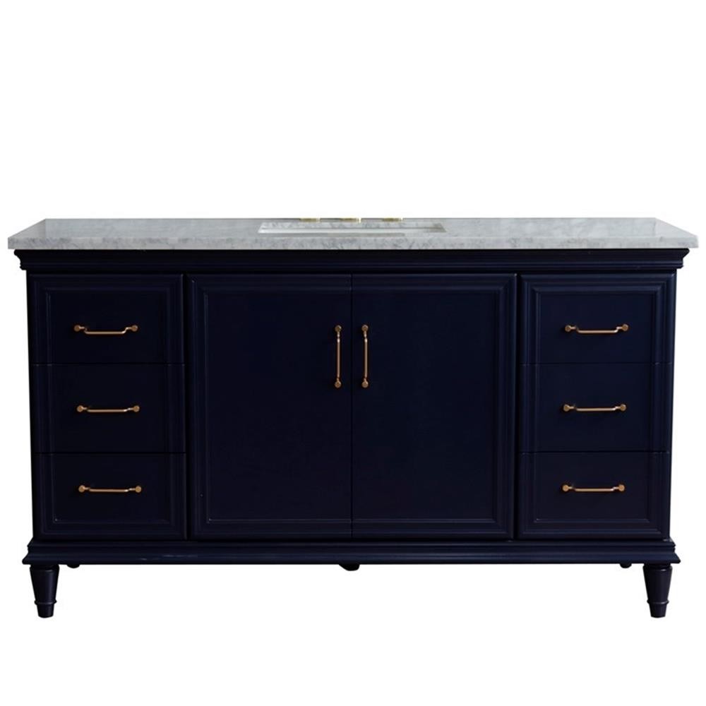61 in. Single Wooden Vanity Blue White Carrara Marble Rectangle Sink