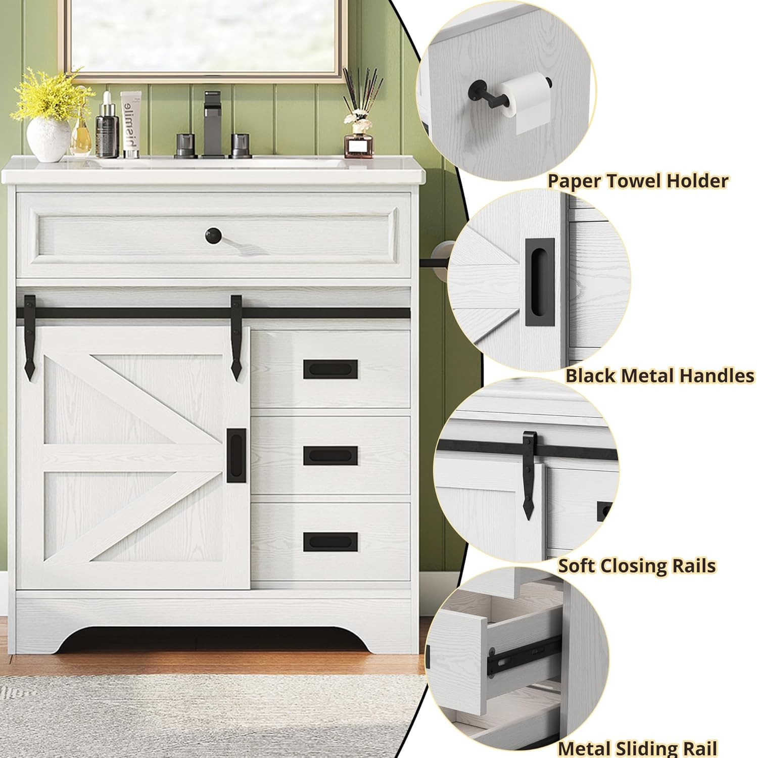 30″ Farmhouse Bathroom Vanity with Sink & Sliding Barn Door, White
