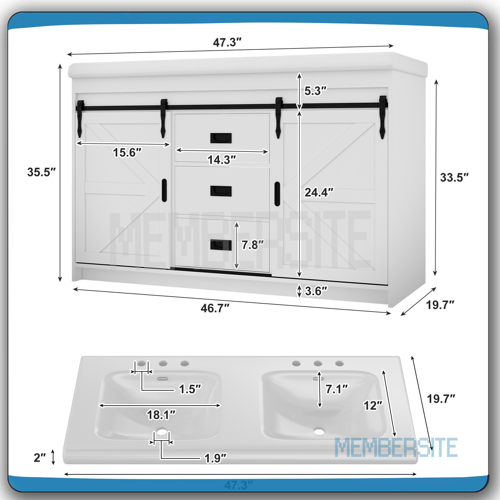 Bathroom Vanity Cabinet w/2 Ceramic Sink Combo 2 Sliding Door 47.3″ Vanity White
