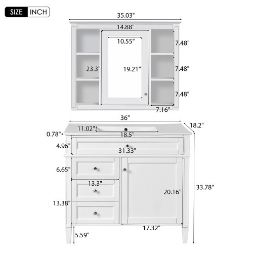 36” Blue Bathroom Vanity w/ Sink & Mirror Cabinet Storage Soft Close Doors