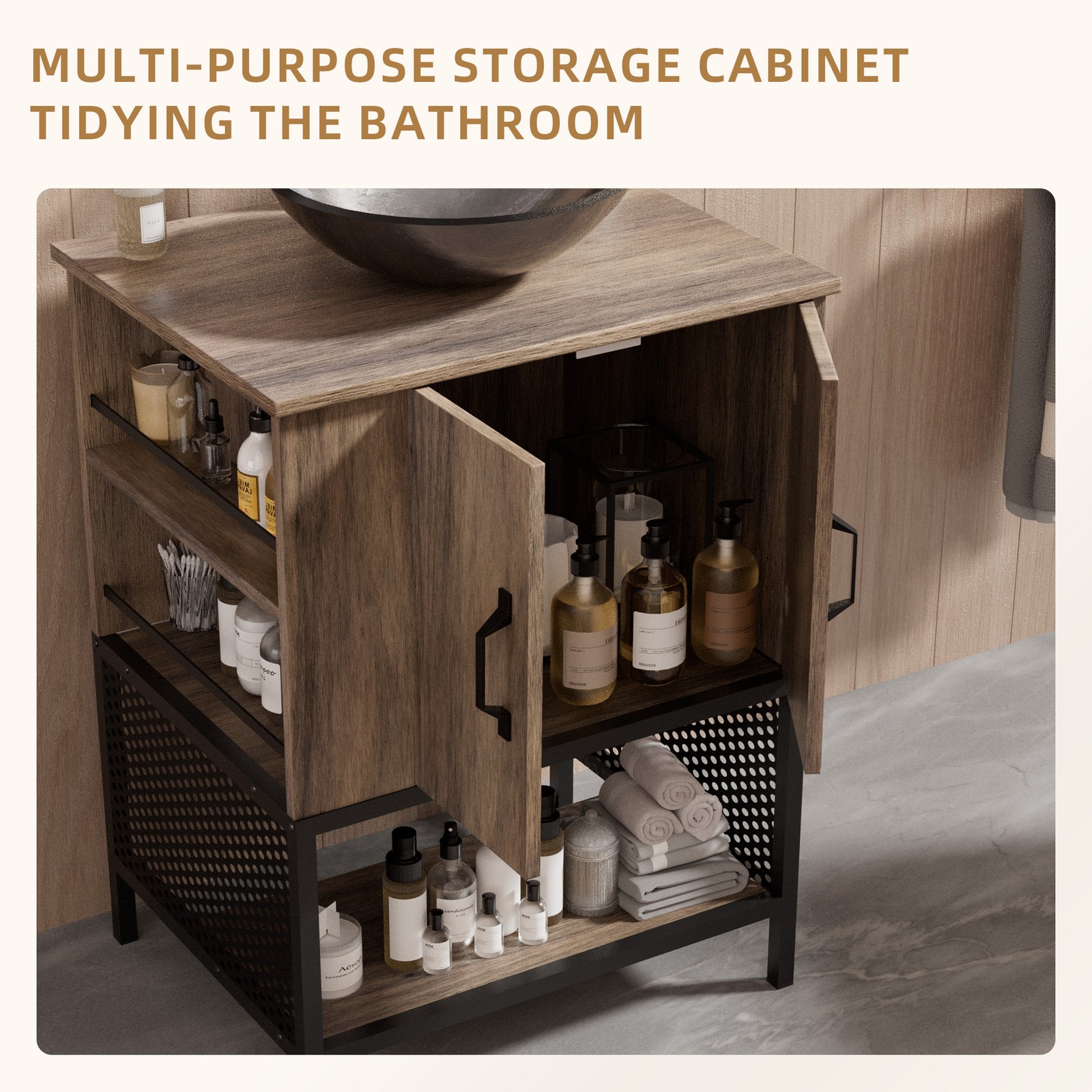 24″ Single Bathroom Vanity Modern Iron Wood Cabinet with Glass Sink Combo Set