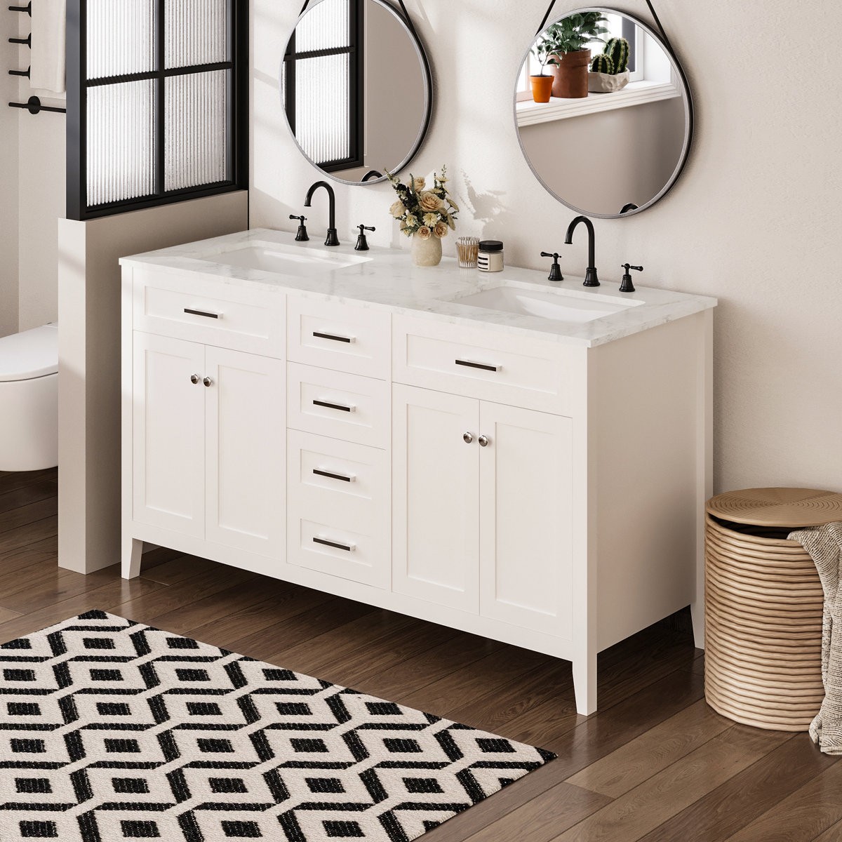 60″ Double Sink Bathroom Vanity w/ Ceramic Top Modern Wood Cabinet 3-Drawer