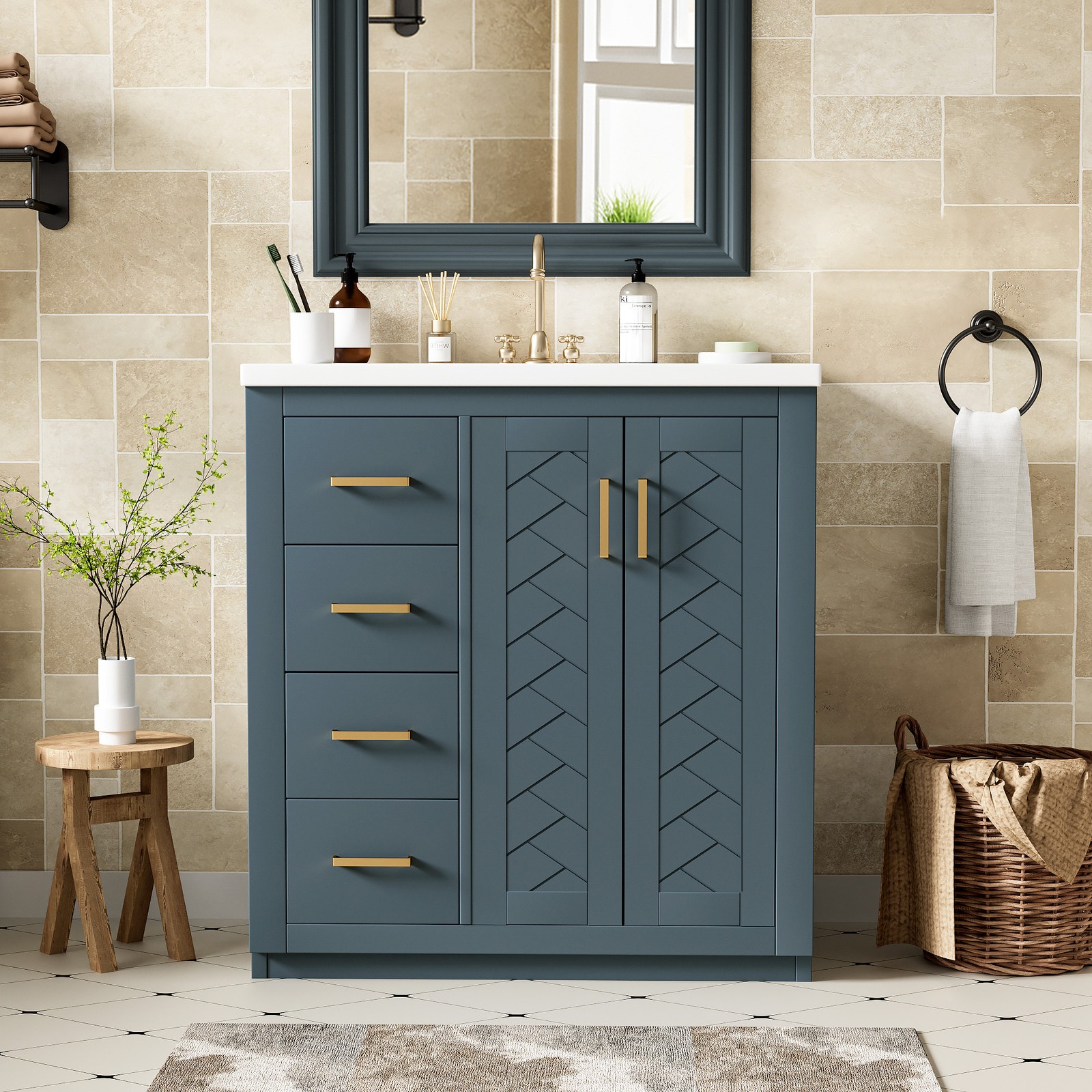 30″ Bathroom Vanity w/Ceramic Sink, 3 Drawers, Freestanding Bath Vanity Cabinet