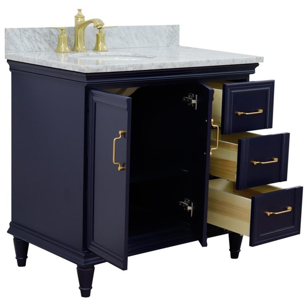 37 in. Single Wooden Vanity Blue White Carrara Oval Left Door.Left Sink