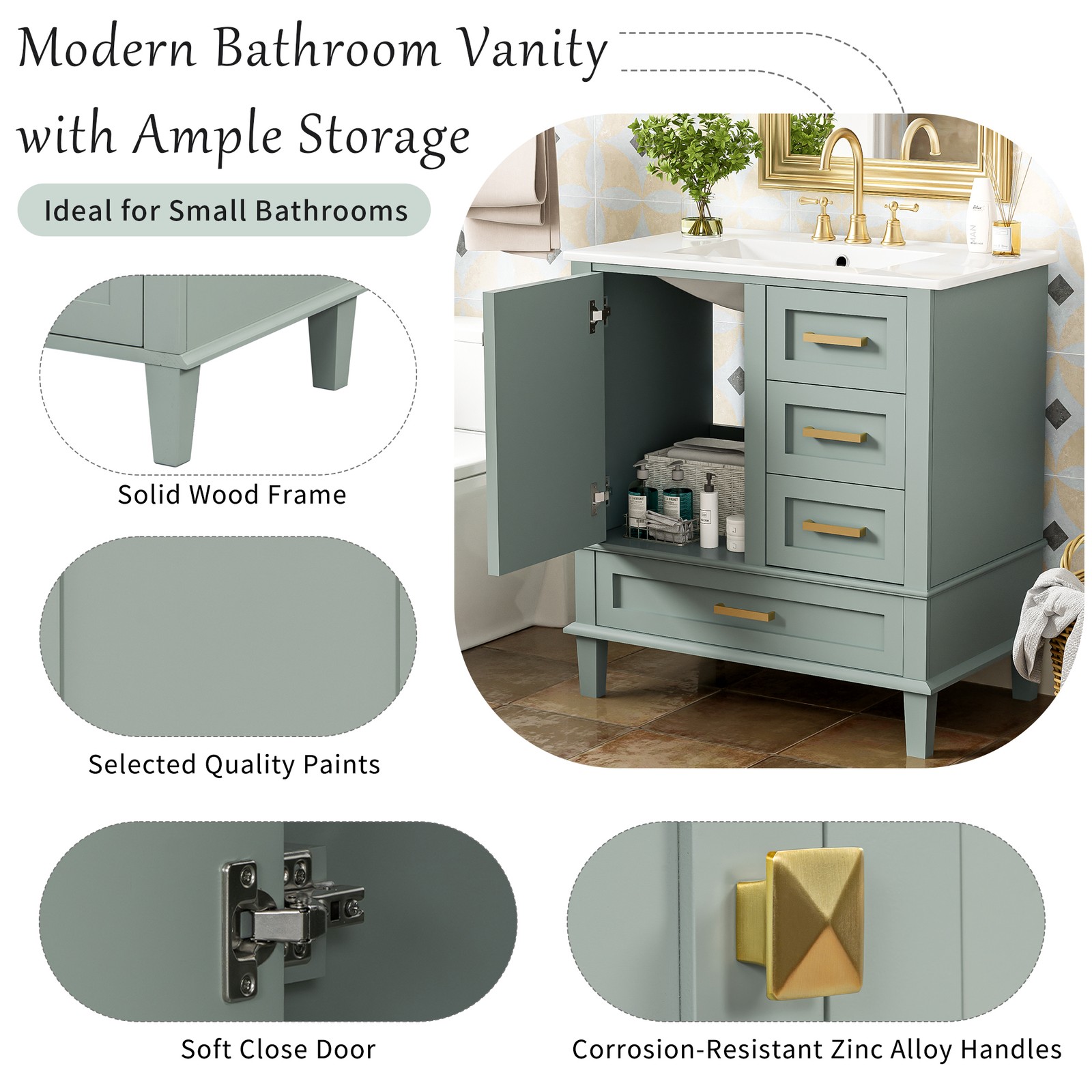 30″ Bathroom Vanity with Sink, Solid Wood Frame, Sage Green