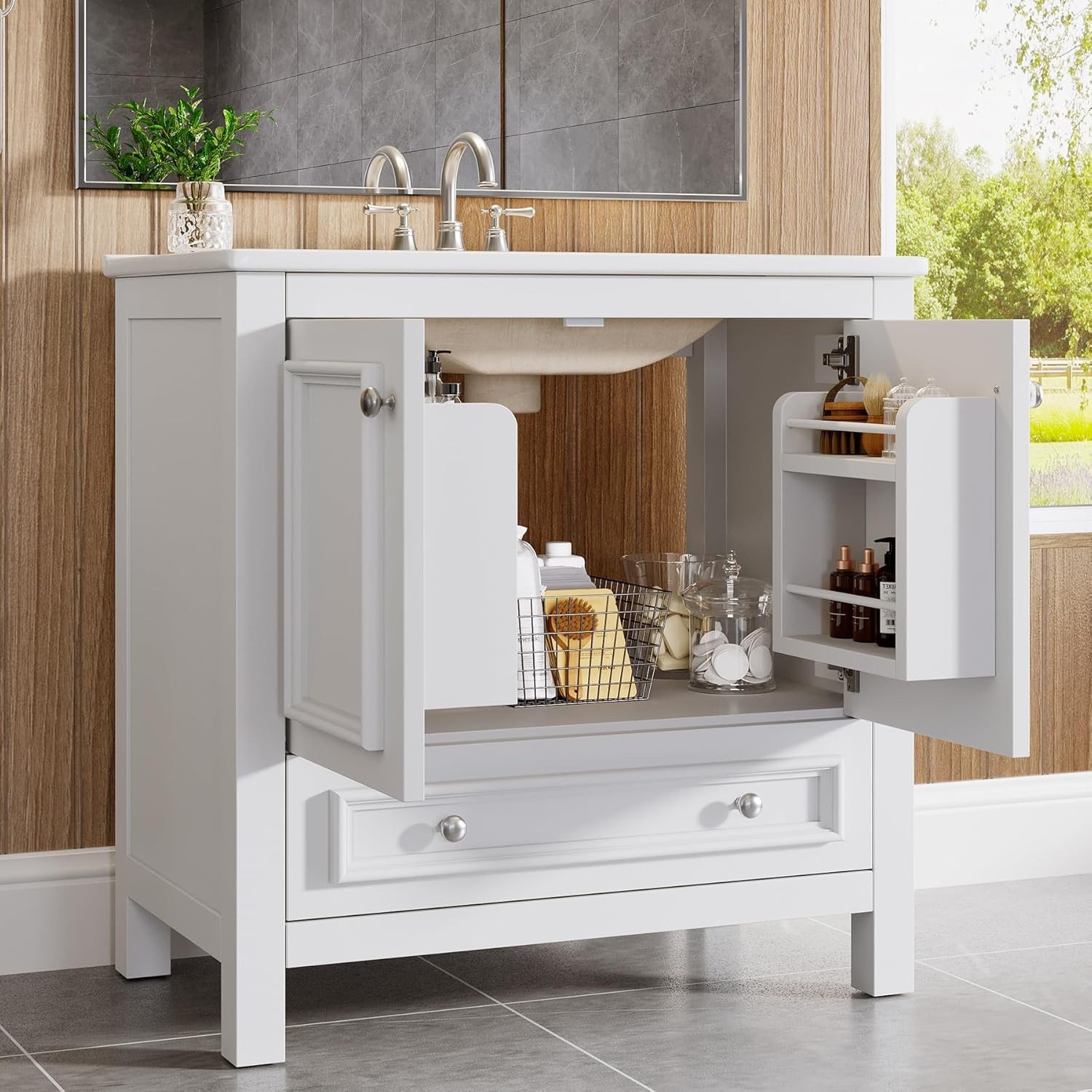 Tribesigns 30inch Bathroom Vanity With Sink Wood Cabinet with 2 Doors & 1 Drawer
