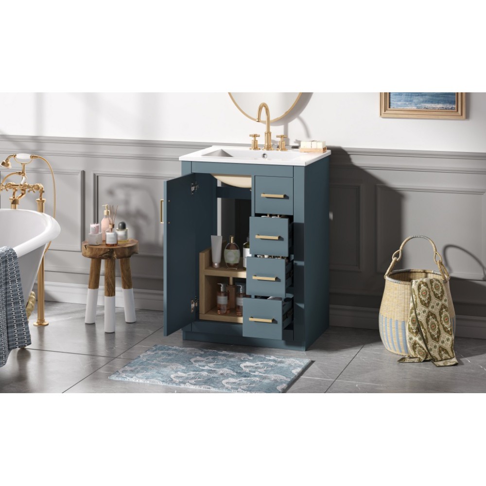 24in Bathroom Vanity Integrated Ceramic Sink 1 Door 3 Drawers