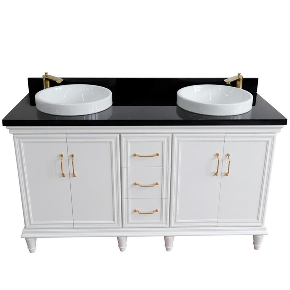 61 in. Double Wooden Vanity White Black Galaxy Granite Round Sink