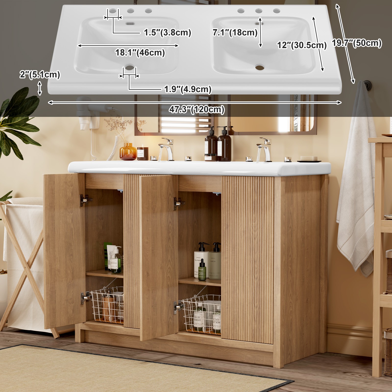 47in Freestanding Double Sink Vanity Cabinet Storage Vanity Bathroom