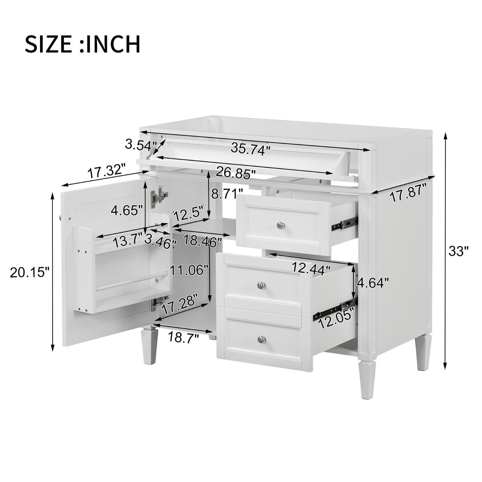 Solid Wood Bathroom Vanity 36”, No Sink, Functional Design with Adjustable