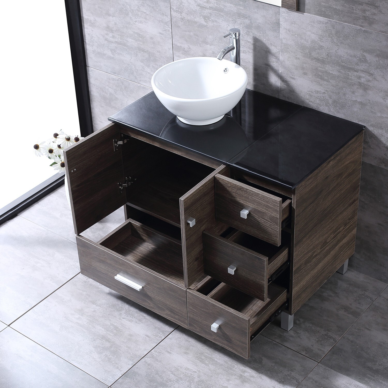 Bathroom Vanity with Sink 36 Inch Cabinet Ceramic Sink w/Glass Top Set Brown