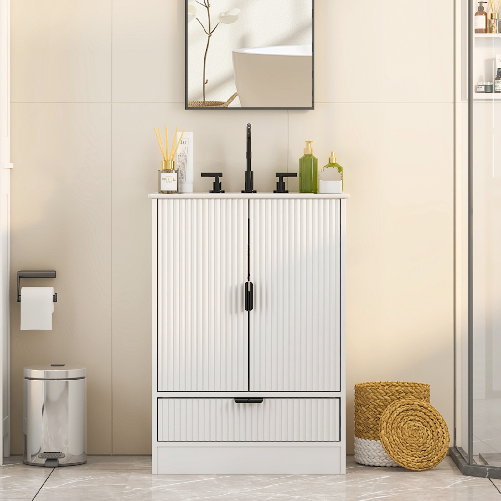 Bathroom Vanity With Sink Freestanding White Cabinet Storage Ceramic Vessel Sink