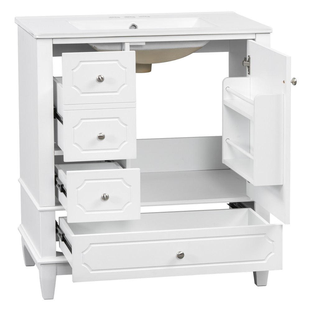 30″Bathroom Vanity with Sink Freestanding White Vanity Cabinetwith Ceramic Basin
