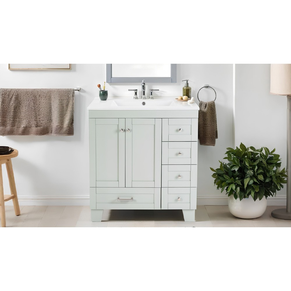 30″ Blue Grey Bathroom Vanity with Ceramic Sink, Soft-Close Drawers, Wood Frame