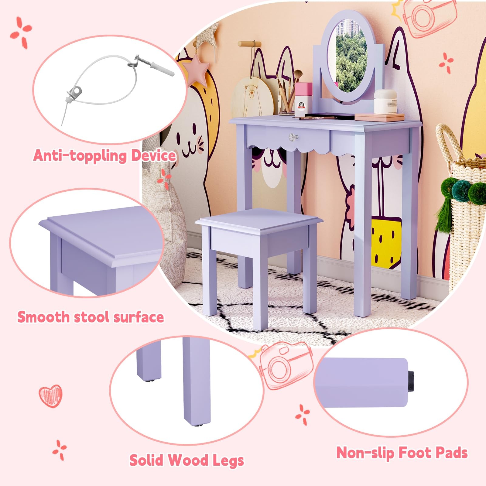 Wooden 2-in-1 Kids Vanity Desk Set with Mirror Stool Detachable Top