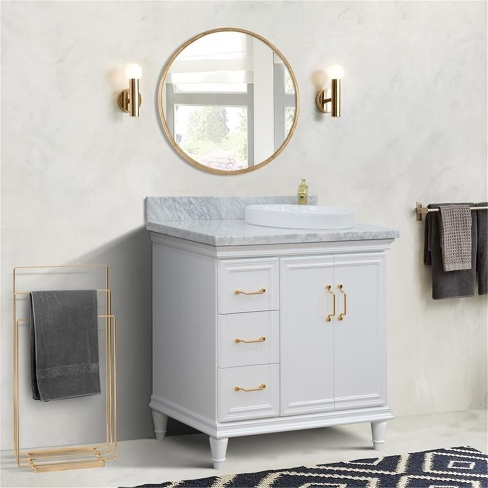 37 in. Single Wooden Vanity White White Carrara Round Right Door.Right Sink