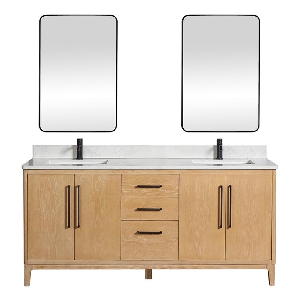 Gara 72″ Double Bath Vanity in Washed Ash Grey w/ White Grain Composite & Mirror