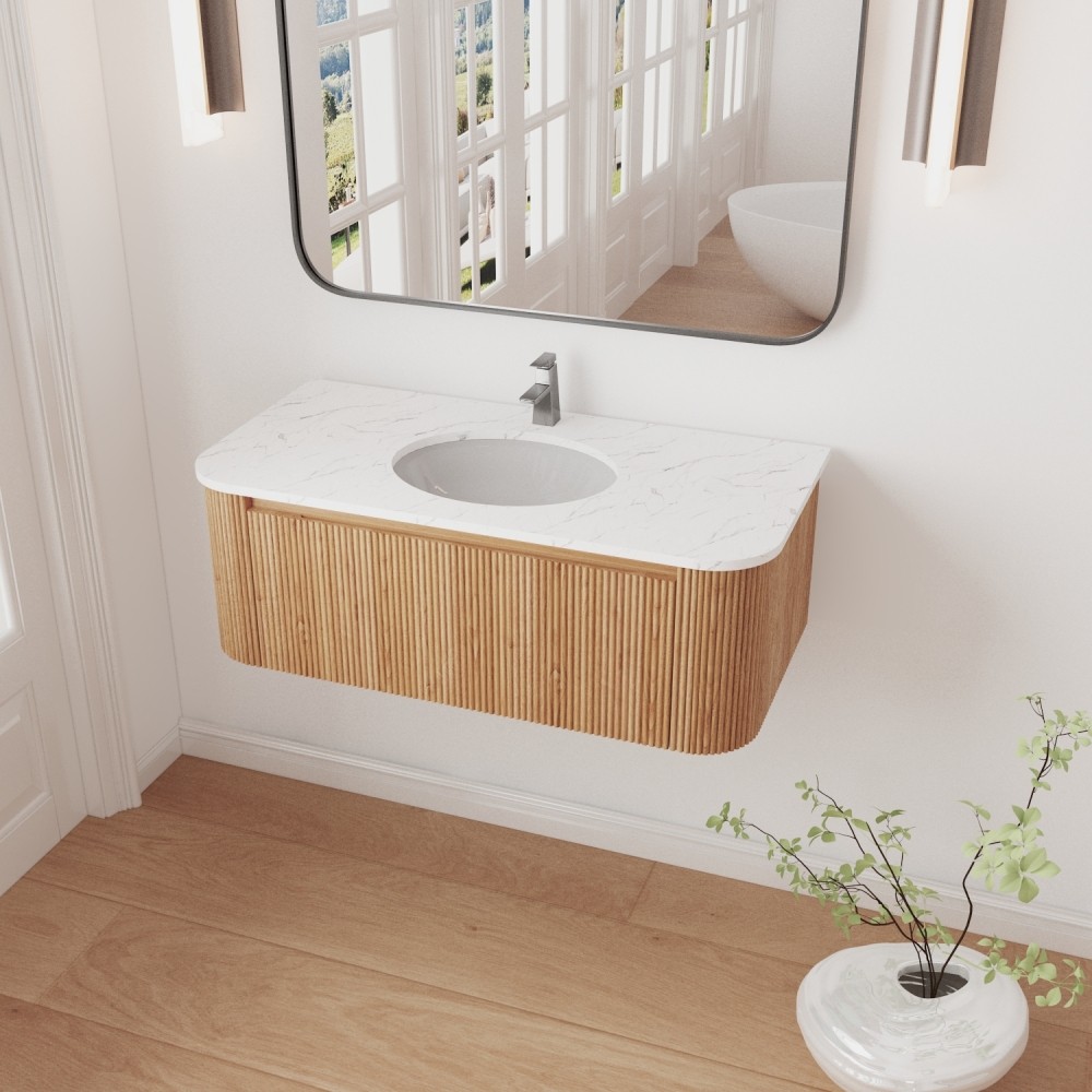 42″ Bathroom Vanity Wall Mount w/ Marble Top, Ceramic Sink, Soft Close Drawer