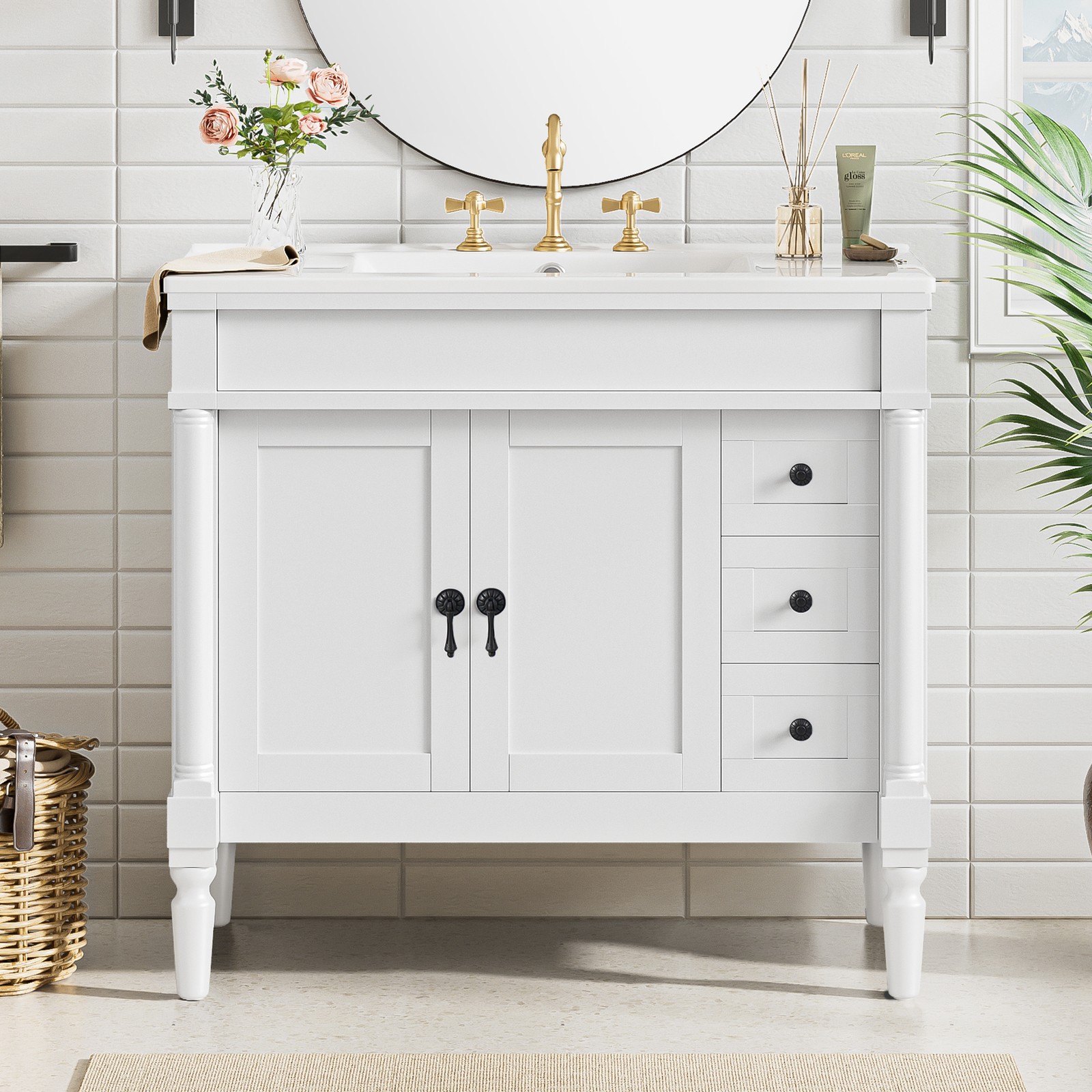 36″ Bathroom Vanity w/Two Soft Close Doors & 3 Drawers Bathroom Storage Cabinet