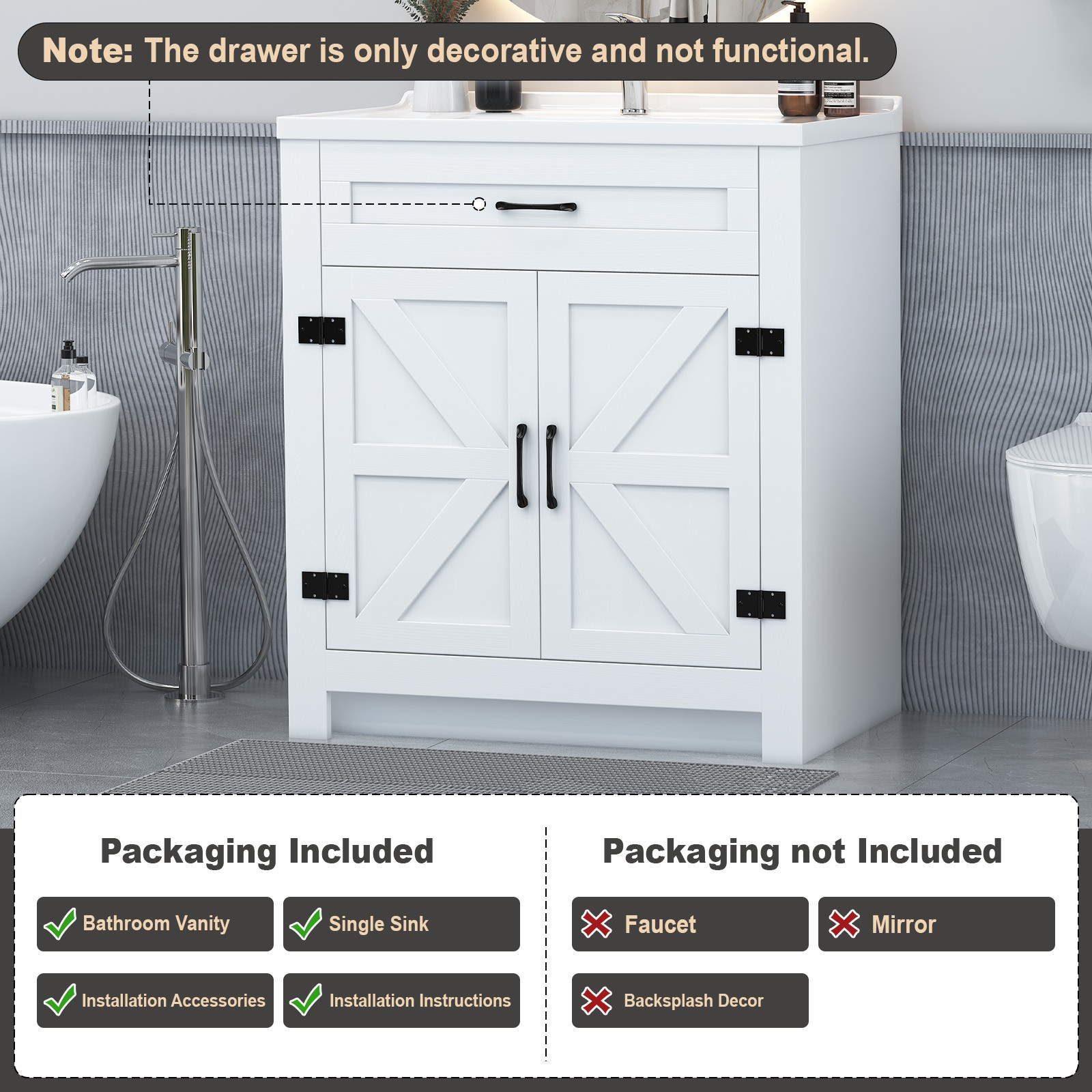 31in White Bathroom Vanity with Ceramic Sink,Divider Drawer & 2 Soft-close Doors