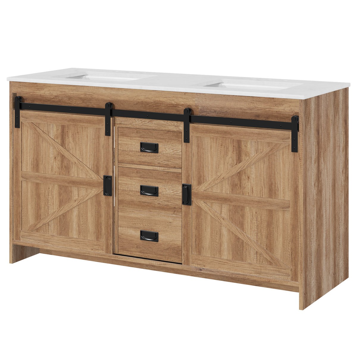 60″ Double Sink Bathroom Vanity, Farmhouse Cabinet With Stone Top Barn Door