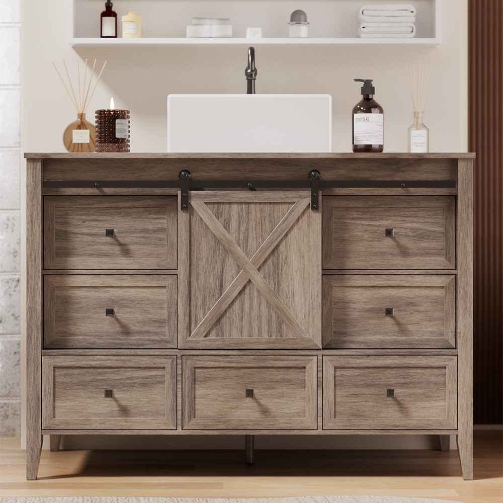 48-inch Freestanding Cabinet Bathroom Vanity with Sink Ceramic Sliding Barn Door