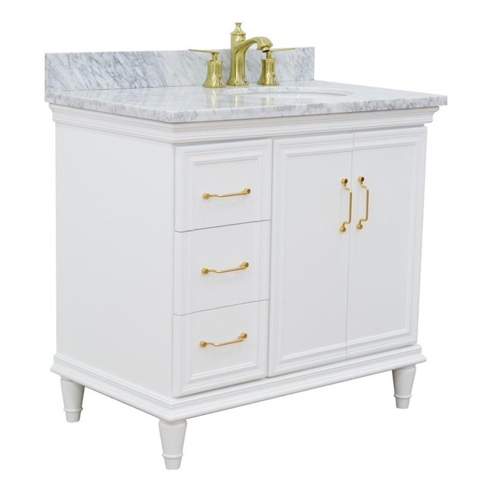 37 in. Single Wooden Vanity White White Carrara Oval Right Door.Right Sink