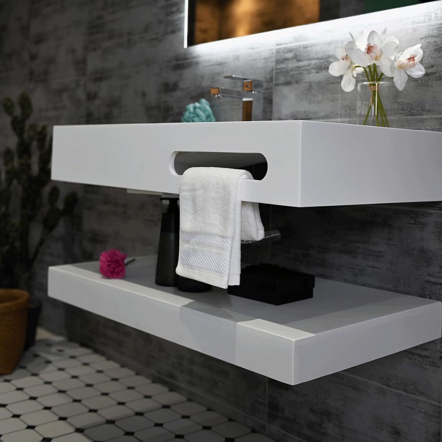 36″X19″ Wall Mount Bathroom Vanity with Sink Stone Resin Floating Vanity Sink Re