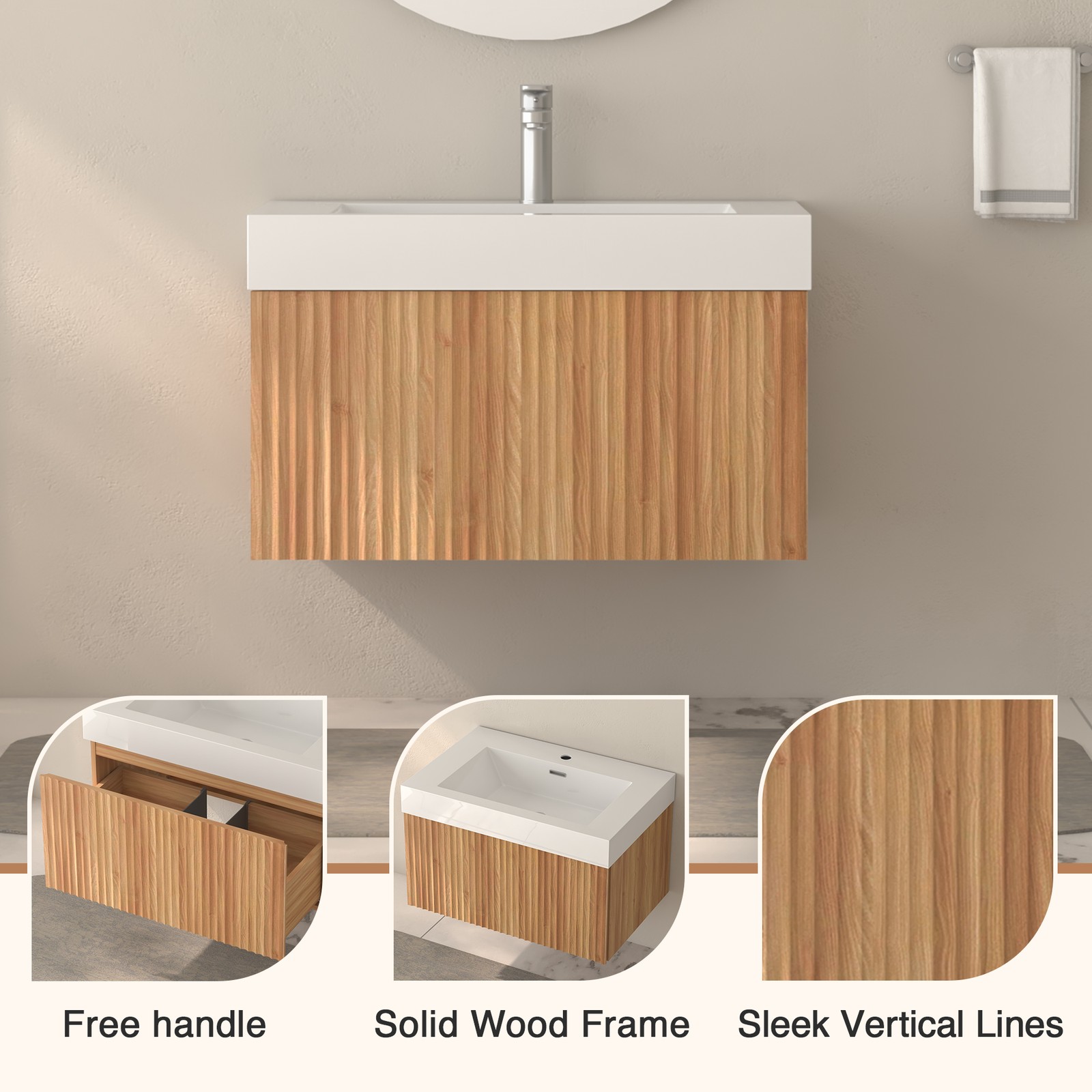 30″ Floating Bathroom Vanity with Integrated Sink, Acacia Plywood Cabinet