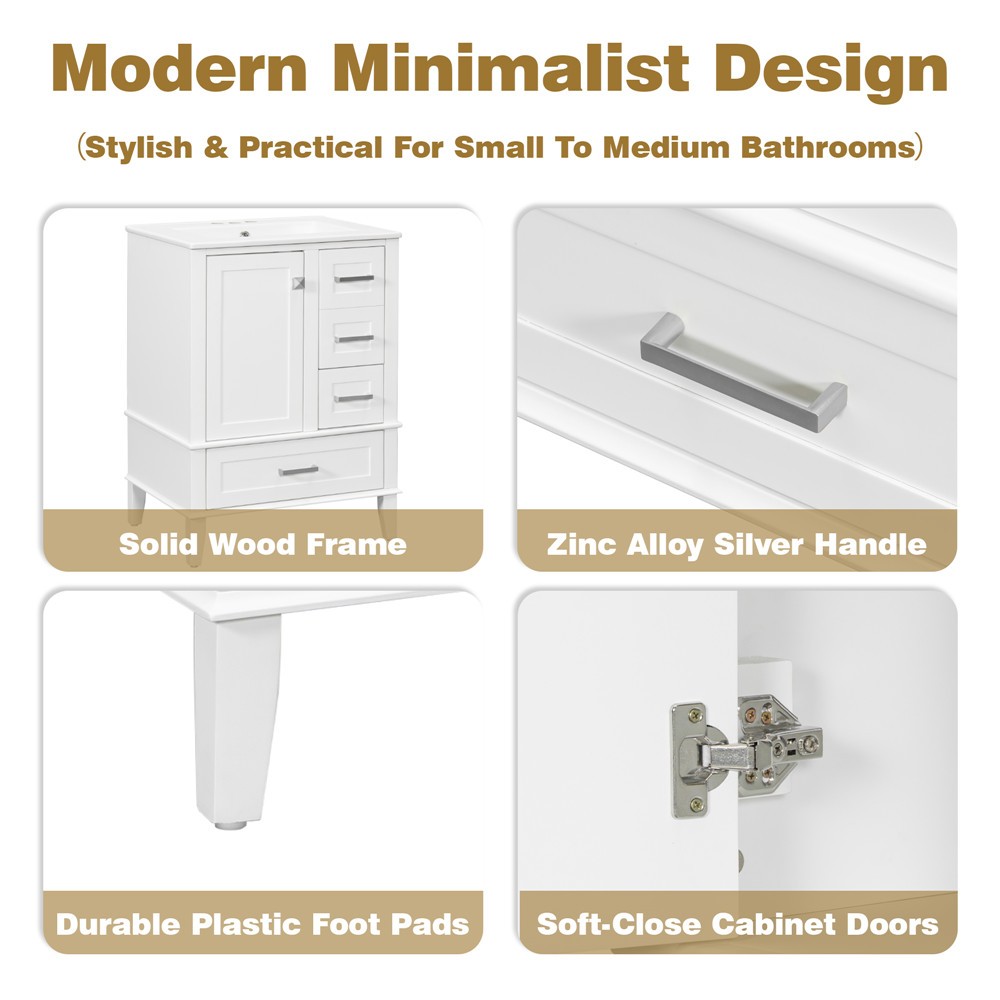 24.8″ Bathroom Vanity w/Basin Sink,Freestanding Vanity Storage Cabinet,3 Drawers