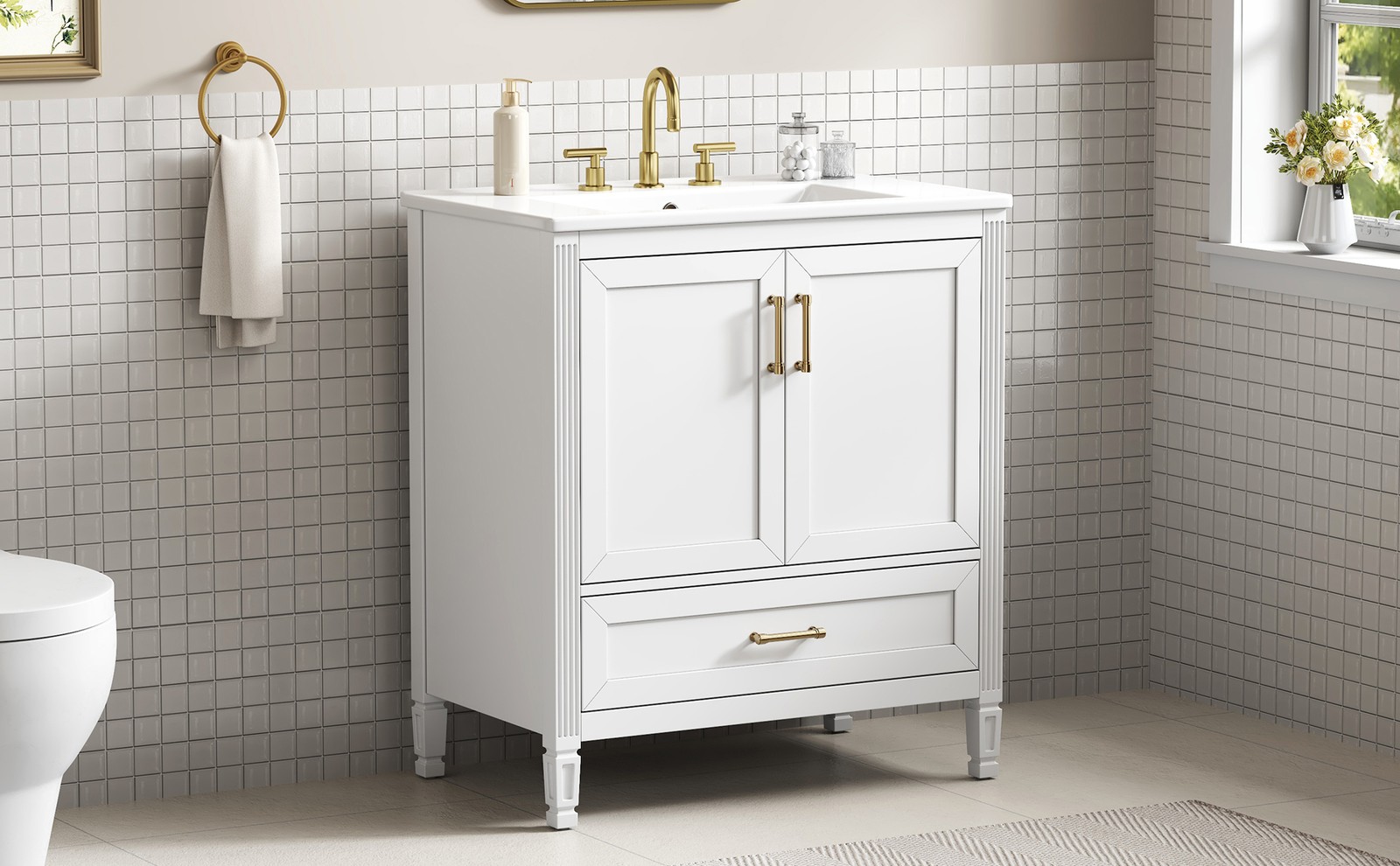 30″ White Fluted Bathroom Vanity with Ceramic Sink, Soft-Close