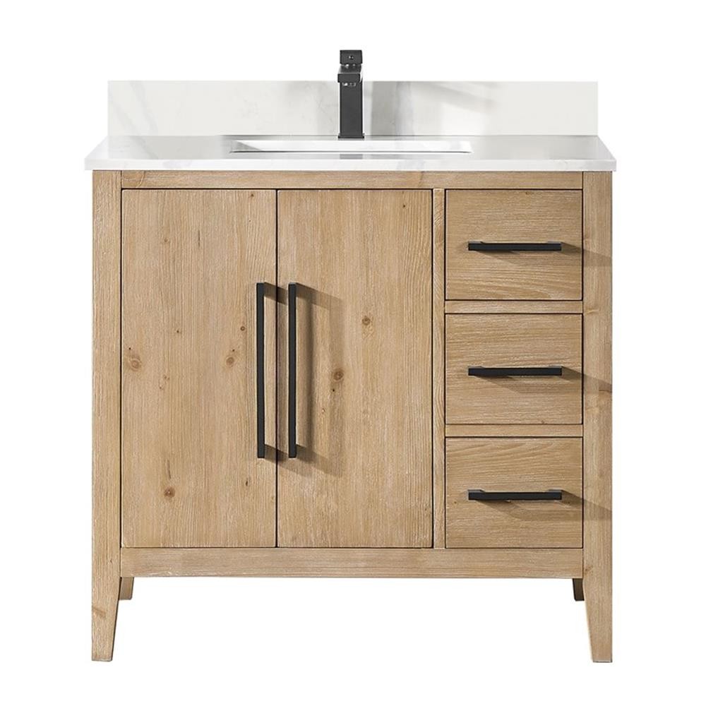 Laurel 36″ Wood Vanity in Weathered Fir Calacatta White Quartz Top no Mirror