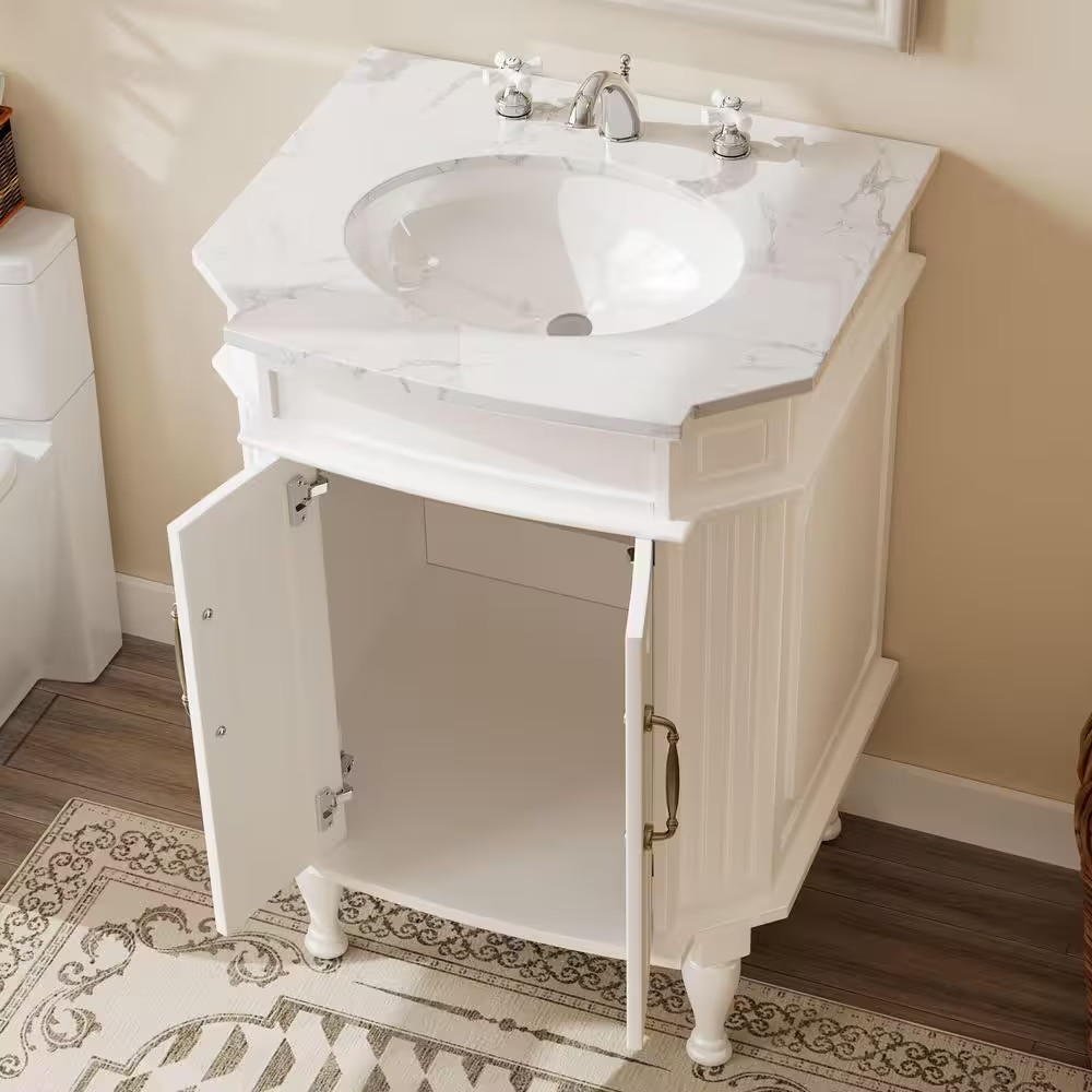 24 In. White Wood Single Sink Freestanding Bathroom Vanity with White Marble Top