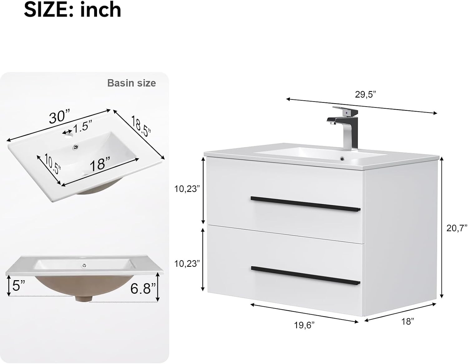 30 inch Floating Bathroom Vanity with Sink Space Saving Fluted Design for Small