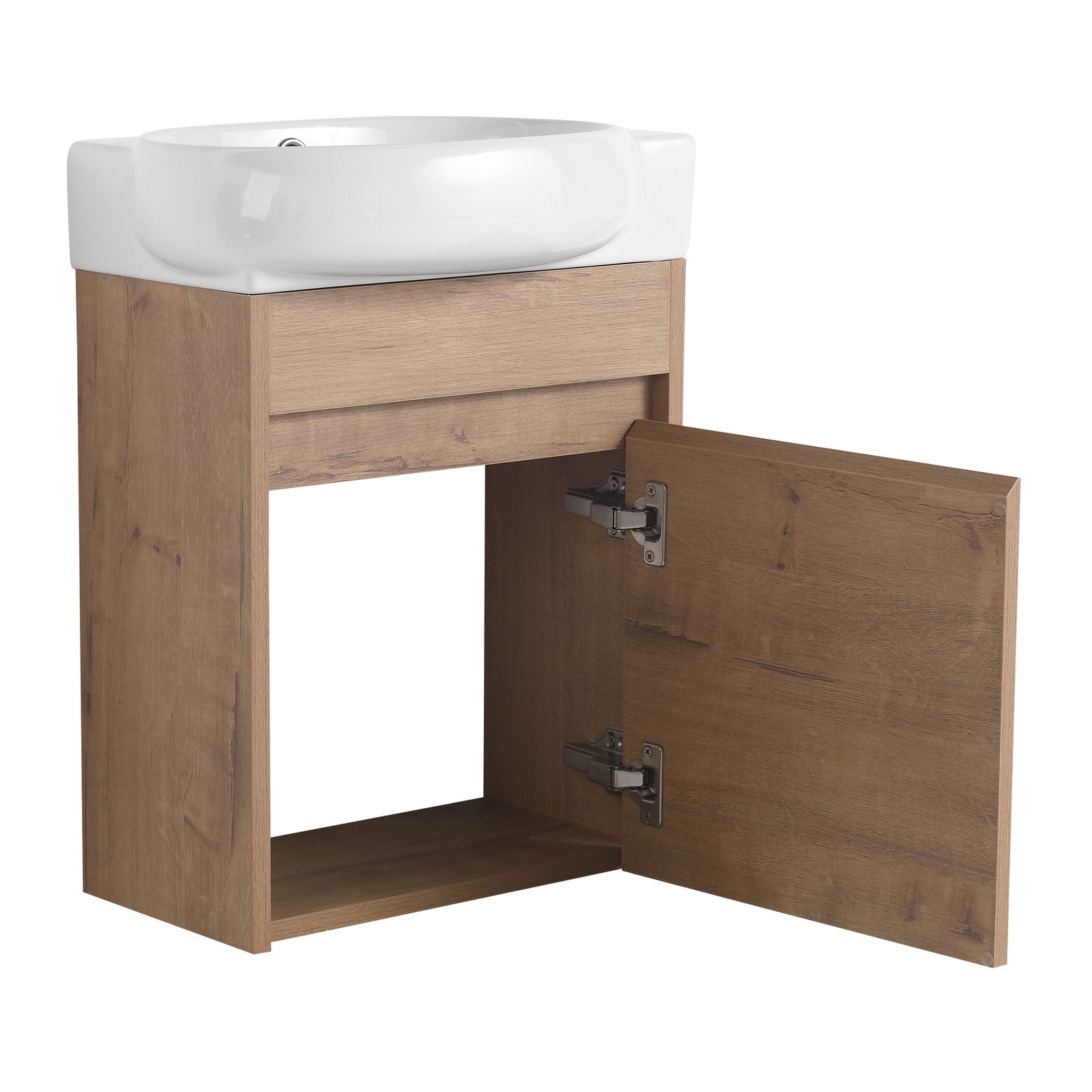 16Inch Wall Mounted Bathroom Vanity With Ceramic Sink Basin W/ Storage Rack Oak