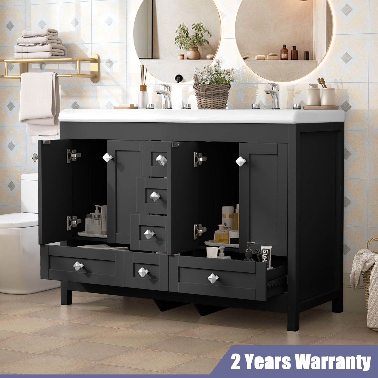 47″ Modern Freestanding Bathroom Vanity w/ Double Sink Ceramic Organizer Cabinet
