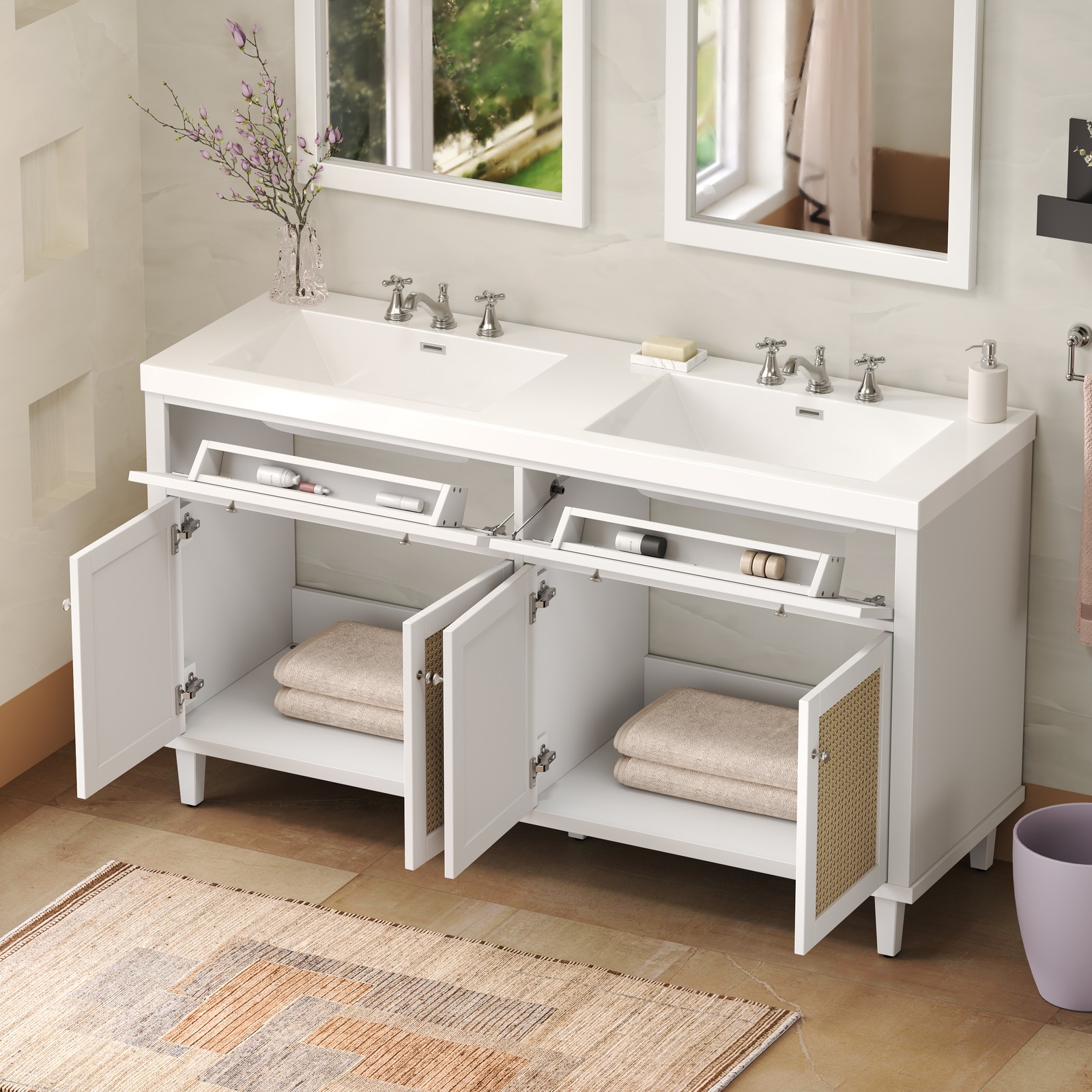 60in Bathroom Vanity w/Double SMC Sink Modern Large Storage Space w/2 Drawers