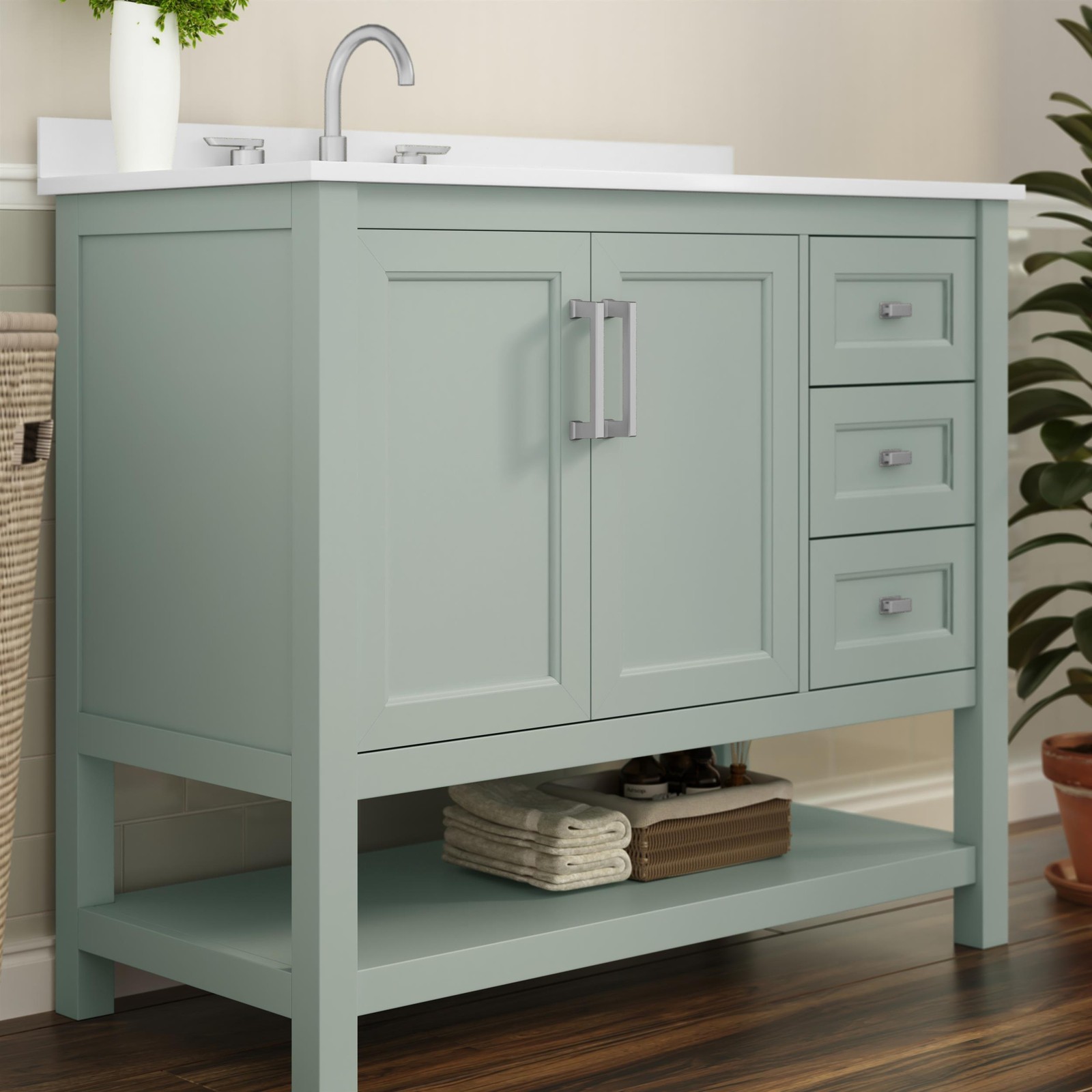 42 Inch Bathroom Vanity with Sink Open Storage and Storage Drawers in Sage