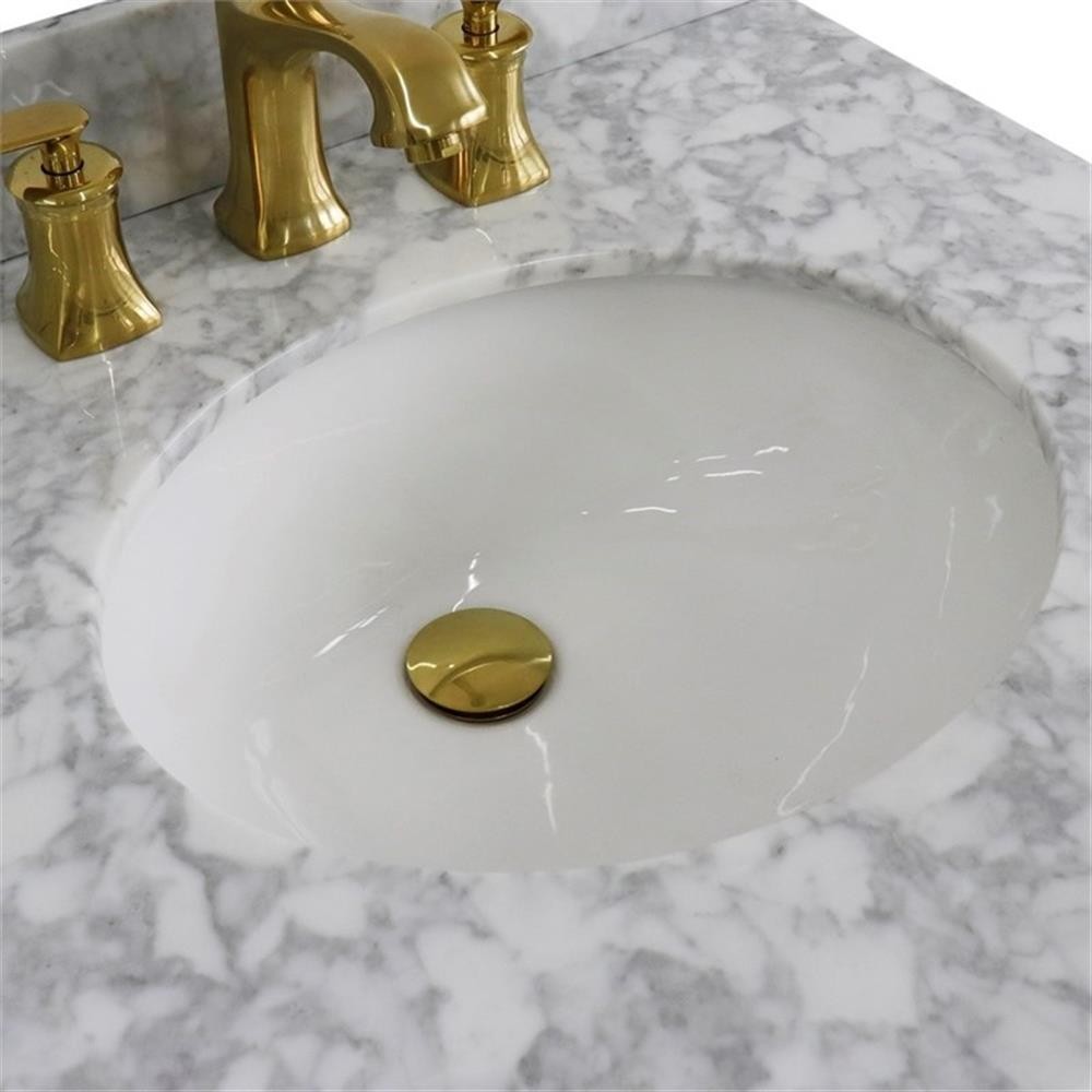 61 in. Double Wooden Vanity Blue White Carrara Marble Oval Sink