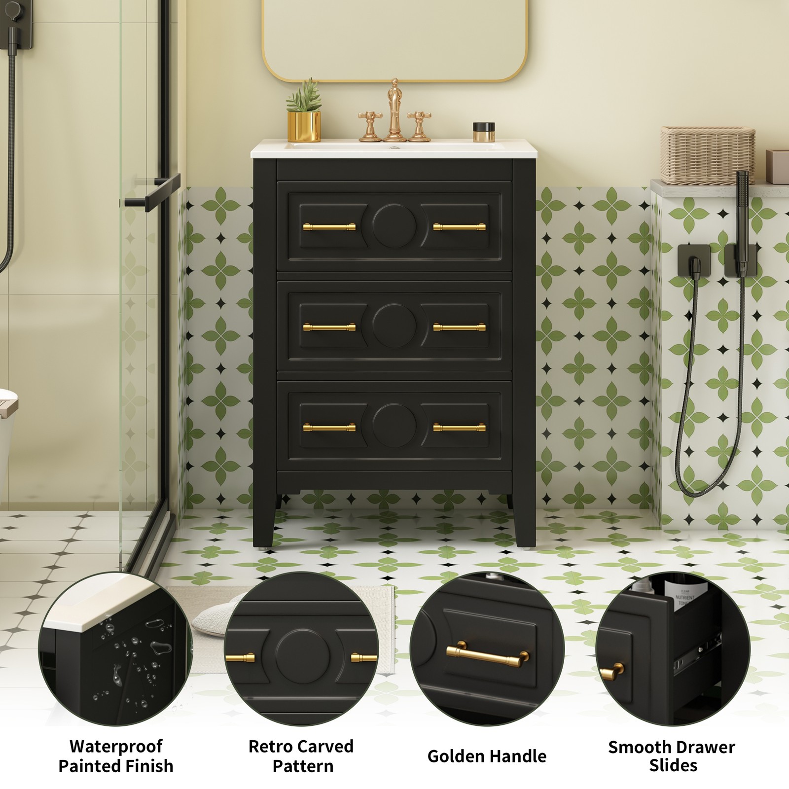 24” Bathroom Vanity with Ceramic Sink, 3 Drawers, Solid Wood Frame Retro Black