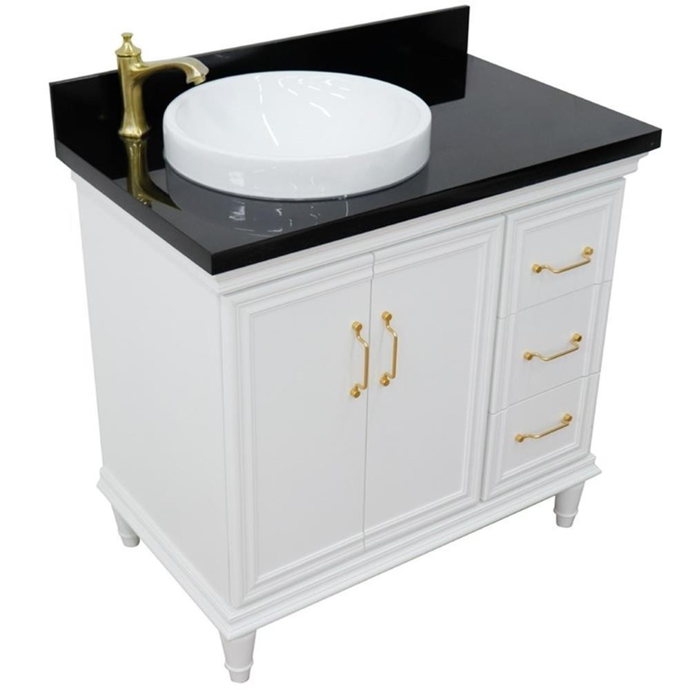 37 in. Single Wooden Vanity White Black Galaxy Round Left Door.Left Sink