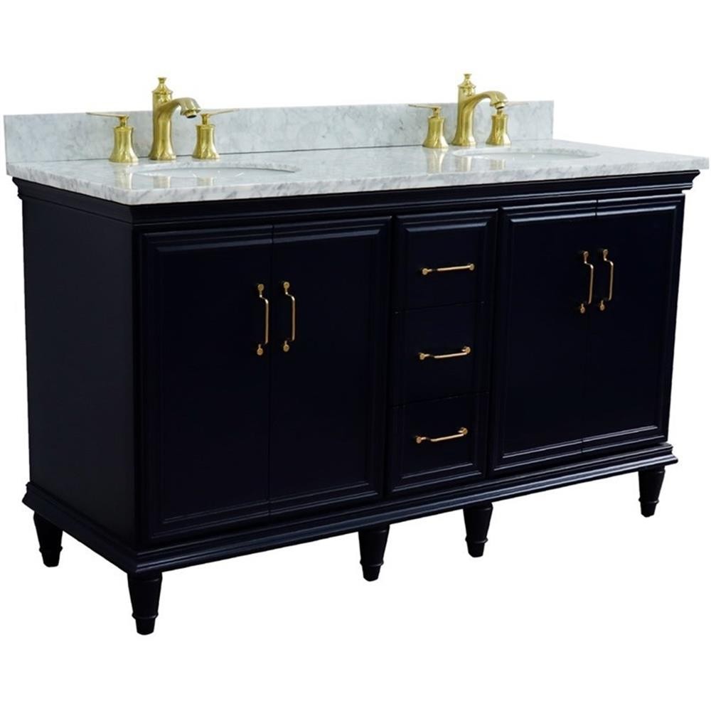 61 in. Double Wooden Vanity Blue White Carrara Marble Oval Sink